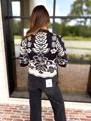 Black Botanical Knit Sweater Top