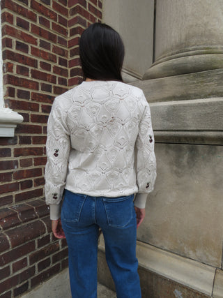 Apricot Floral Embroidered Honeycomb Pointelle Sweater