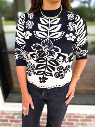 Black Botanical Knit Sweater Top