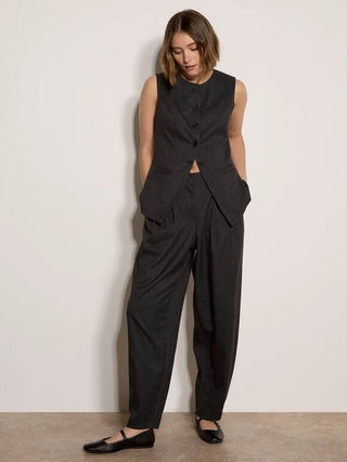 Full outfit view of Apricot Harper charcoal pinstripe top with trousers and flats