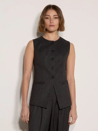 Front view of Apricot Harper charcoal pinstripe sleeveless top with round neck and button front