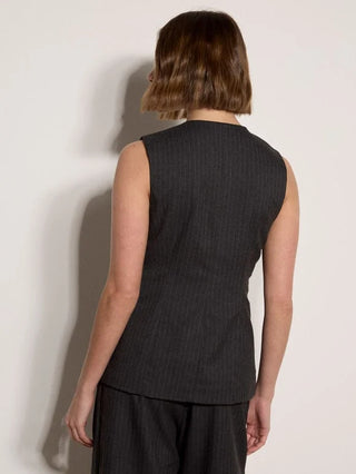 Back view of Apricot Harper charcoal pinstripe sleeveless top