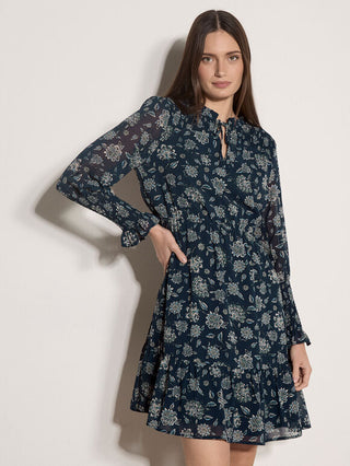 Apricot Folk Floral Chiffon Dress in navy