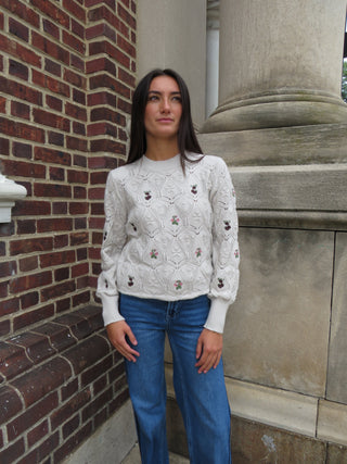 Apricot Floral Embroidered Honeycomb Pointelle Sweater