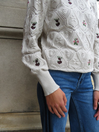 Apricot Floral Embroidered Honeycomb Pointelle Sweater