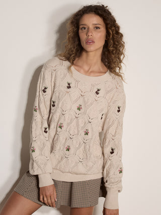 Apricot Floral Embroidered Honeycomb Pointelle Sweater