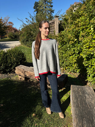 Grey Sweater with Red Contrast Trim