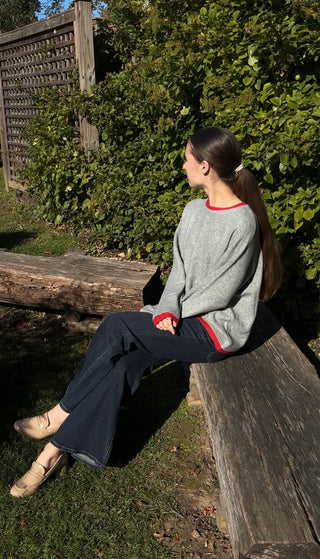 Grey Sweater with Red Contrast Trim
