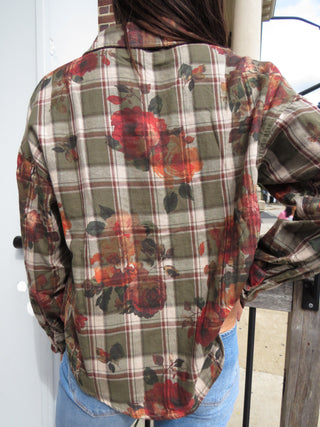 Back view of Dear John Adrianna Shirt in Green with floral plaid print and curved hem