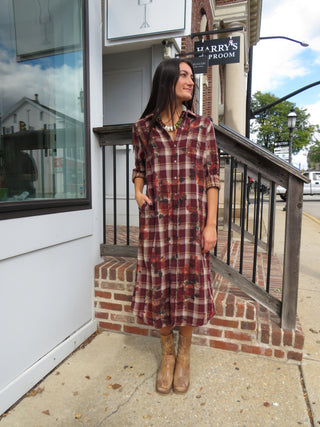 Front view of the Autumn Plaid Cotton Shirt Dress styled with ankle boots