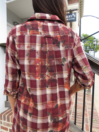 Close view of the burgundy plaid and floral print on the Autumn Plaid Cotton Shirt Dress