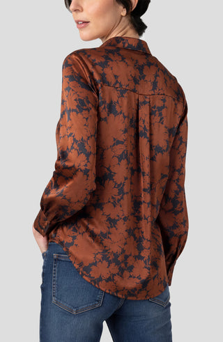 Liverpool black copper floral blouse with rounded hem, back view