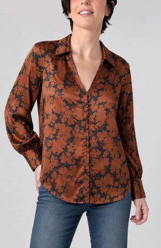 Liverpool black copper floral blouse with button front and long sleeves, front view