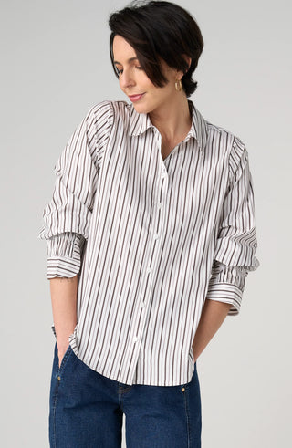 Liverpool Dark Espresso Adjustable Sleeve Button Front Woven Top