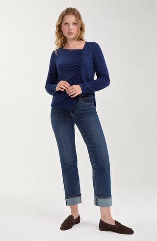 Blue Rust Asymmetrical Ruffle Knit Top
