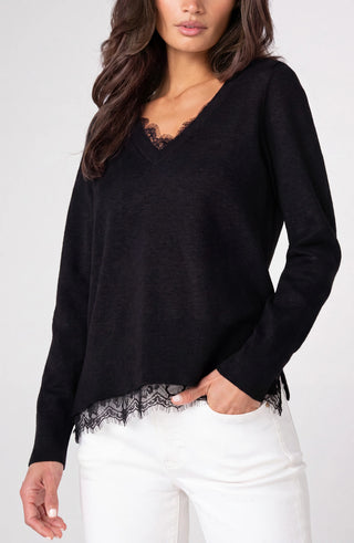 Liverpool black V neck long sleeve sweater with lace trim, front view