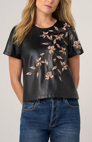 Liverpool black floral embroidered faux leather short sleeve top, front view