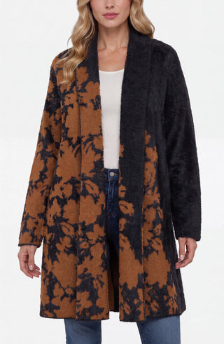 Liverpool black copper floral coatigan with open front, front view on model