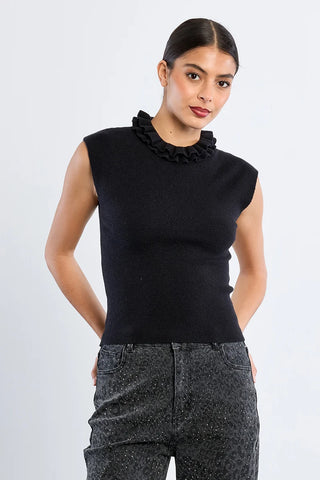 Colette Ruffled Collar Sweater by Molly Bracken in black, front view