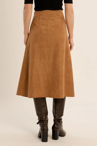 Camel Suede Midi Skirt by Molly Bracken, back view