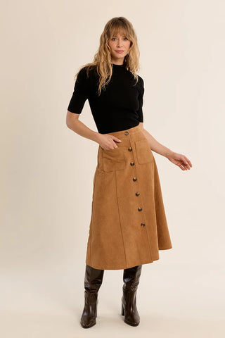 Camel Suede Midi Skirt by Molly Bracken, front view
