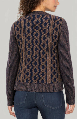 Navy Brown Cable Knit Crewneck Sweater