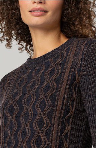 Navy Brown Cable Knit Crewneck Sweater