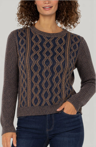 Navy Brown Cable Knit Crewneck Sweater