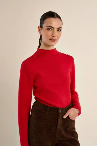 Red Studded Mock Neck Sweater by Molly Bracken, front view