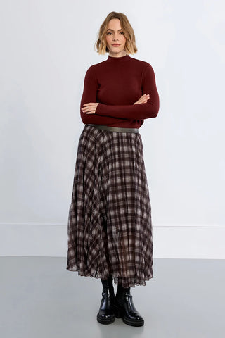 Chestnut Plaid Pleated Maxi Skirt by Molly Bracken, front view