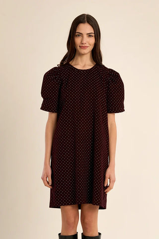 Merlot Dot Puff Sleeve Dress by Molly Bracken, front view