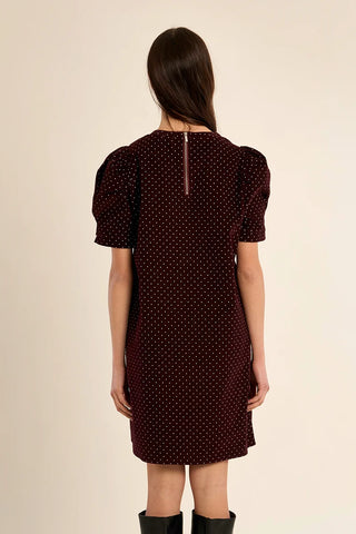 Merlot Dot Puff Sleeve Dress by Molly Bracken, back view