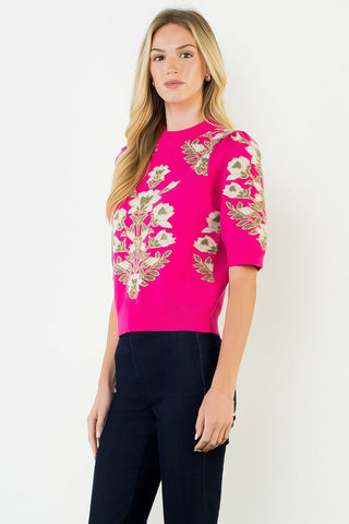 Pink Floral Short Sleeve Sweater