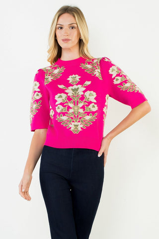 Pink Floral Short Sleeve Sweater