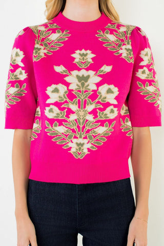 Front view of THML pink floral short sleeve sweater