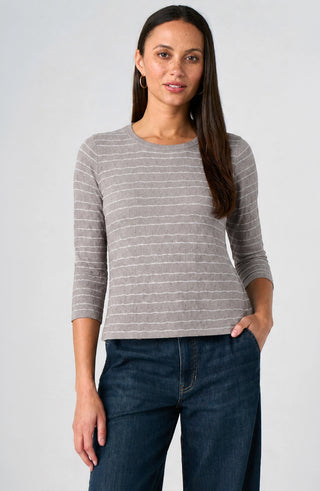 Liverpool grey stripe three quarter sleeve top, front view on model