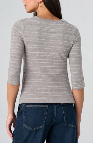 Liverpool grey stripe crew neck top, back view on model