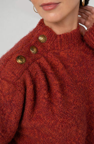 Liverpool Rust Mock Neck Sweater, neckline button detail