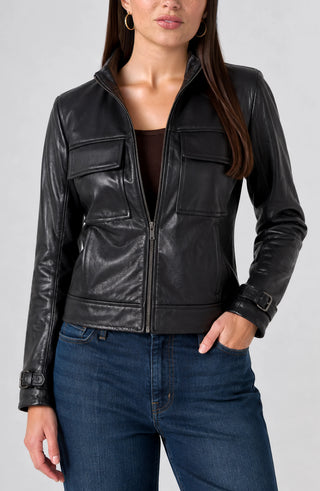 Liverpool Zip Front Moto Jacket in black, front view