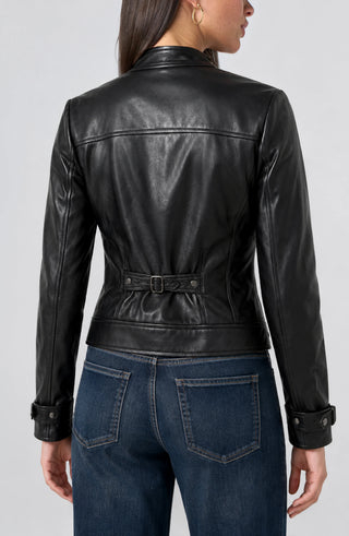 Liverpool Zip Front Moto Jacket in black, back view with buckle detail